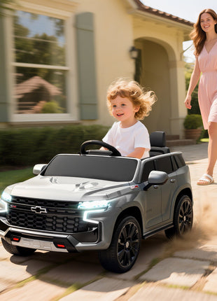 Licensed Chevrolet Tahoe Ride On Car, 12V 7AH Battery Power Ride On Toy with Parent Remote Control, LED Lights, Music, 4 Wheeler Suspension, 3 Speeds, Kids Electric Vehicle for Aged 3+, Gray