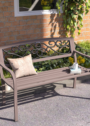 50" Outdoor Bench, Metal Garden Bench with Floral Pattern Backrest, Porch Bench with Slatted Seat for Park, Yard, Lawn, Brown