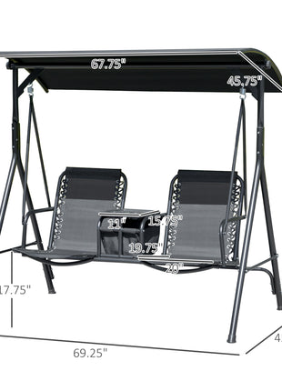 2-Seat Outdoor Porch Swing, with Pivot Storage Table, Cup Holder, & Adjustable Overhead Canopy, Stand's Skid-Resistant Feet Pad, Breathable Mesh Seat, Steel Frame, for Patio, Black
