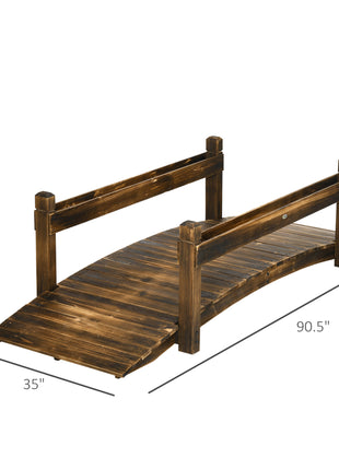7.5' Wooden Garden Bridge with Planters, Stained Finish Arc Footbridge with Safety Railings for Backyard, Pond Stream, Stained Wood