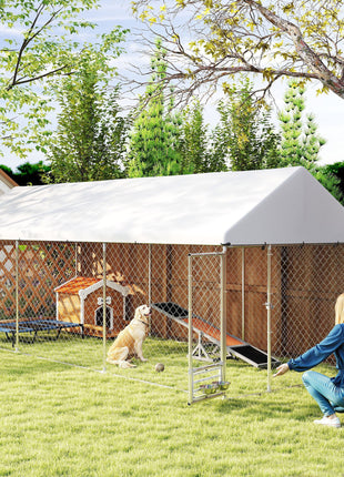 Outdoor Dog Kennel w/ Adjustable & Rotatable Bowl Rack, Waterproof UV-Resistant Cover, Secure Lock, 19.7' x 7.5' x 7.5'