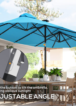 Double-sided Patio Umbrella, 9.7' Outdoor Umbrella with Tilt and Crank, LED Solar Light and 12 Ribs, Light Blue