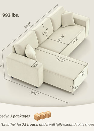 Corner Sofa with Reversible Chaise Lounge, Corduroy L-Shaped Sectional Sofa with Pocket Spring, Cream White