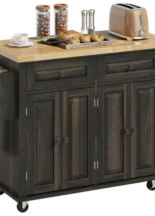 44" Mobile Kitchen Island Table, Kitchen Island Cart on Wheels with Storage Cabinets, 2 Drawers, Brown
