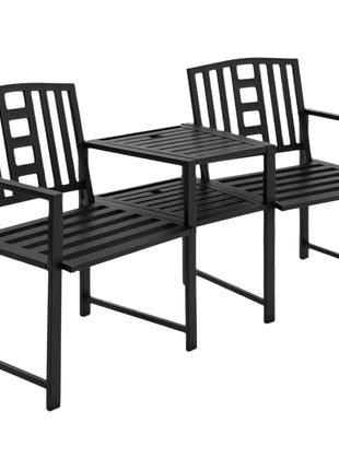Metal Garden Bench with Middle Table and Umbrella Hole, 2-in-1 Double Patio Chairs, Outdoor 2-person Tete-a-Tete, Slatted, Black