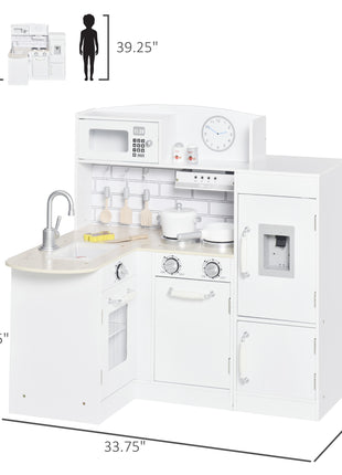 Corner Kids Kitchen Playset, Wooden Pretend Toy Kitchen Set with Drinking Fountain, Microwave, Fridge and Accessories, Pretend Play Kitchen for 3+ Years, White