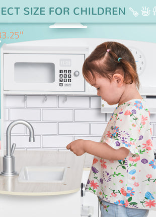 Corner Kids Kitchen Playset, Wooden Pretend Toy Kitchen Set with Drinking Fountain, Microwave, Fridge and Accessories, Pretend Play Kitchen for 3+ Years, White