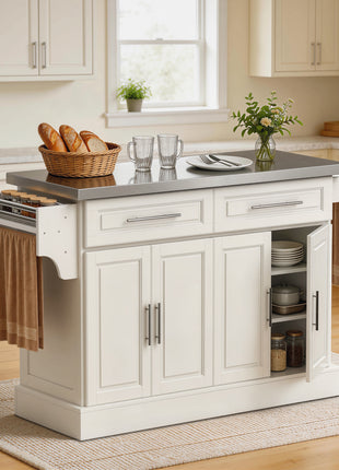 Rolling Kitchen Island with Stainless Steel Top, 2 Drawers, Spice, Knife and Towel Rack and Cabinets, Cream White