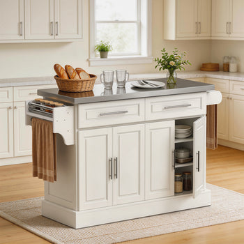 Rolling Kitchen Island with Stainless Steel Top, 2 Drawers, Spice, Knife and Towel Rack and Cabinets, Cream White