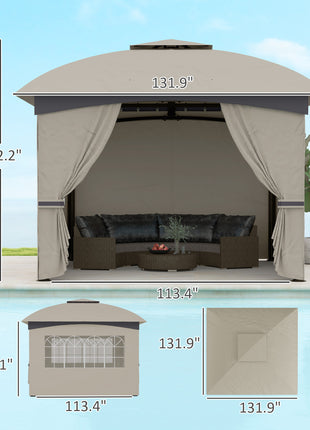 11' x 11' Outdoor Gazebo, Double Roof Patio Gazebo with Curtains, Church Windows, Galvanized Steel Frame, Light Gray