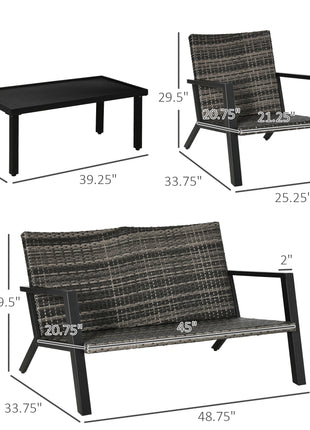4 Piece Patio Furniture Set, 2 PE Wicker Chairs, Loveseat Sofa, Outdoor Coffee Table, Soft Cushions, Couch & Armchairs for Backyard, Garden, Black
