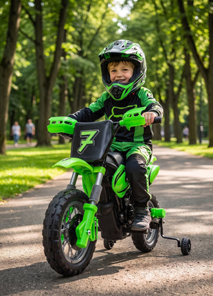 12V Kids Motorcycle, 2 x 35W Electric Dirt Bike with Training Wheels, Rear Suspension, Horn for 3-6 Years, Green