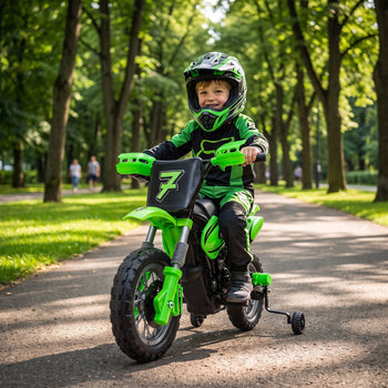 12V Kids Motorcycle, 2 x 35W Electric Dirt Bike with Training Wheels, Rear Suspension, Horn for 3-6 Years, Green