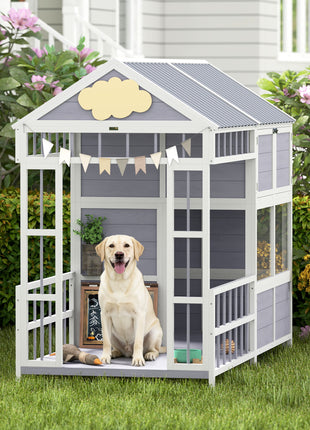 79"L Large Dog House Outdoor, Wooden Dog Kennel with Porch, Storage Cabinet,Weatherproof Roof, Windows