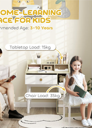 Kids Desk and Chair Set with Storage Shelves, Drawer for 3-10 Years, White