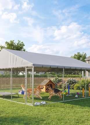 Heavy Duty Outdoor Dog Kennel with Waterproof Roof, 2 Secure Latches, Chain Link Dog Run for Backyard, 20' x 15' x 8'