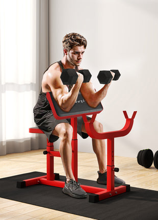 265 LBS Preacher Curl Bench for Strength Training, Adjustable Seated Arm Isolated Barbell Dumbbell Bicep Station, Red