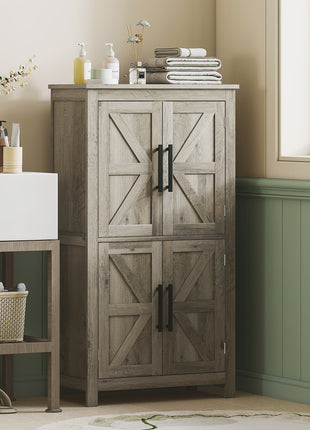 Bathroom Floor Storage Cabinet, Farmhouse Bathroom Cabinet with 4 Doors and Adjustable Shelf, Light Gray