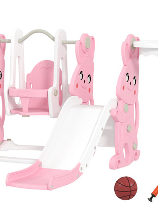4 in 1 Toddler Slide and Swing Set with Climber, Basketball Hoop, Rabbit Themed Kids Playset for Ages 1.5-4, Pink
