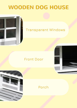 Wooden Dog House with Porch, Dog House Outdoor with Tilt Roof, Front Door, Windows for Medium Large Sized Dog