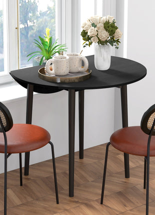 Folding Dining Table, Round Drop Leaf Kitchen Table for Small Spaces with Wood Legs, Black