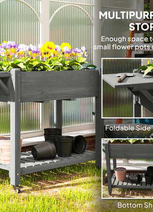Wood Raised Planter Box, Elevated Garden Bed with Lockable Wheels, Side Tables, Bottom Shelf, Drain Holes, Gray