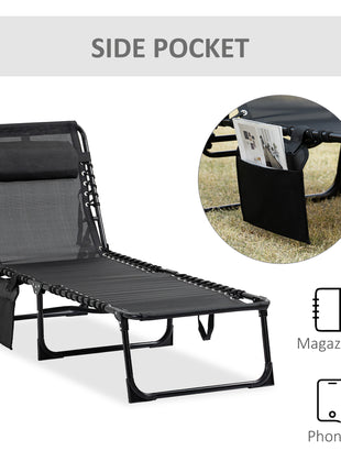 Reclining Chaise Lounge Chair, Portable Sun Lounger, Folding Camping Cot with Adjustable Backrest and Removable Pillow, for Patio, Garden, Beach, Black