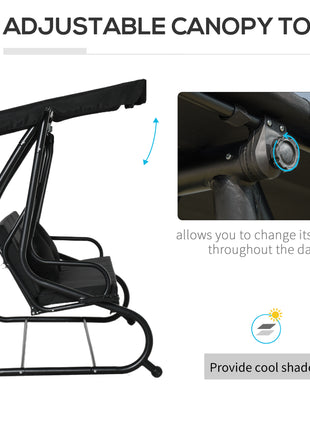 3-Seat Outdoor Patio Swing Chair, Converting Flatbed, Outdoor Swing Glider with Adjustable Canopy, Removable Cushion and Pillows, for Porch, Garden, Poolside, Backyard, Black