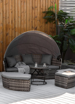 4 Piece Round Rattan Daybed, Convertible Patio Furniture Set, Adjustable Sun Canopy, Sectional Outdoor Sofa, 2 Chairs, Extending Tea Table Ottoman Chair, 3 Pillows, Gray