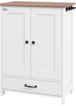 Pet Feeding Station, Dog Food Storage Cabinet w/ Raised Dog Bowls, Adjustable Panel, Hooks for Medium Dogs, White