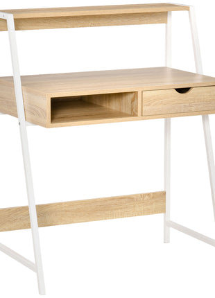 Home Office desk, Computer Desk for Small Spaces, Study Table with Drawer and Storage Shelves, Natural