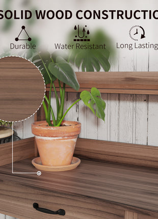 Potting Bench Table, Outdoor Garden Table Wooden Work Station with Removable Sink, Faucet, Drawer, Shelves, Hooks, Dark Brown