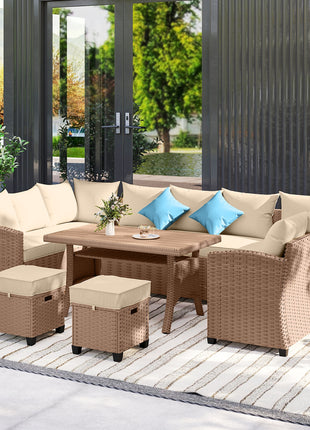 6 Piece Patio Furniture Set, PE Wicker Outdoor Furniture Conversation Set with 3 Sofas, 2 Ottomans and Slatted WPC Top Dining Table, All Weather Sectional Sofa Couch with Pillows, Khaki