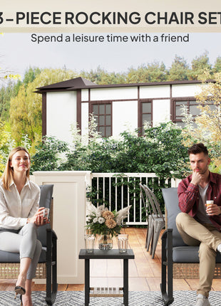 3 Pieces Bistro Set, Patio Wicker Furniture Set with Button Tufted Cushions, Rattan Rocking Chairs, Coffee Table, Gray