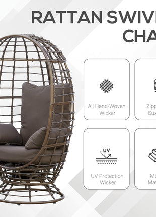 Wicker Egg Chair, 360 Rotating Indoor Outdoor Boho Basket Seat with Cushion and Pillows for Backyard, Porch, Patio, Garden, Handwoven All-Weather PE Rattan, Steel Frame, Brown