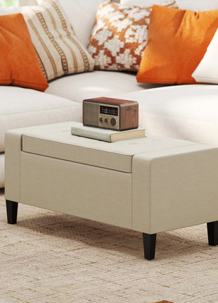 36" Ottoman with Storage, Storage Ottoman Bench with Lift Top and Rubberwood Legs, Linen Upholstered Entryway Seat with for Living Room, Bedroom, Holds up to 330 lb, Beige