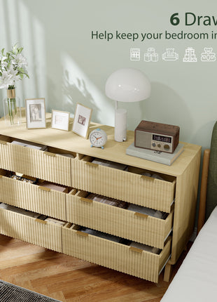 6 Drawer Double Dresser for Bedroom, Fluted Chest of Drawers with Gold Finger Pulls and 5 Wood Legs, Natural Wood