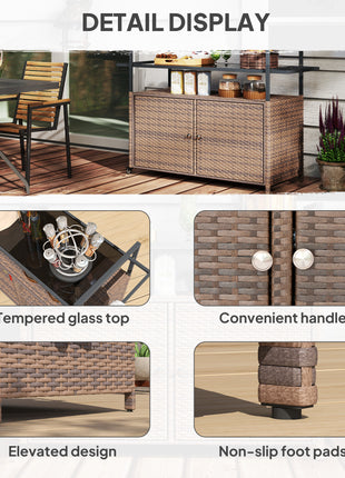 2-Tier Shelf PE Rattan Outdoor Bar Table, Glass Top Outdoor Serving Cart with Cabinet, Mixed Brown