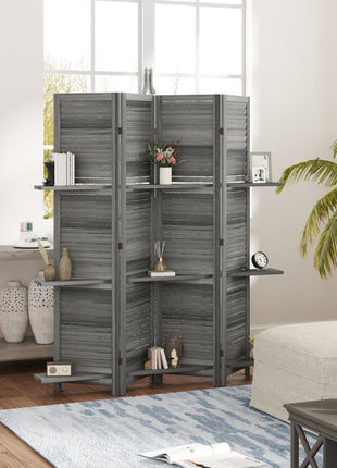 4 Panel 67" Tall Wood Privacy Screen Room Divider with 3 Shelves and Folding Storage for Bedroom, Gray