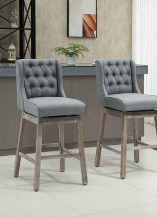Bar Height Bar Stools Set of 2, 180 Degree Swivel Barstools with Solid Wood Footrests and Button Tufted Design, 30" Seat Height Bar Chairs for Kitchen Island, Gray