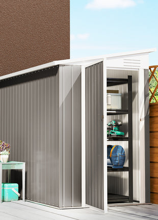 4' x 8' Lean to Garden Storage Shed, Outdoor Metal Tool House with Lockable Door Vents for Backyard Patio Lawn, Light Gray