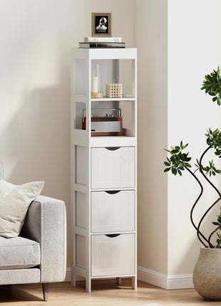 Narrow Bathroom Storage Cabinet, Bathroom Cabinet with 3 Drawers & 2 Open Shelves, Slim Bathroom Floor Cabinet, White