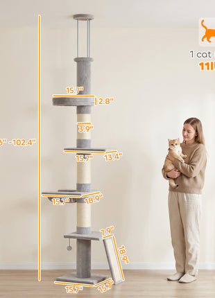 90.6" -102.4" Floor-to-Ceiling Cat Tree Adjustable Height with 3-Rod Support, 5-Level Cat Tower, Light Gray