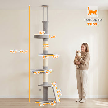 90.6" -102.4" Floor-to-Ceiling Cat Tree Adjustable Height with 3-Rod Support, 5-Level Cat Tower, Light Gray