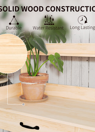Potting Bench Table, Outdoor Garden Table Wooden Work Station with Removable Sink, Faucet, Drawer, Shelves, Hooks, Natural Wood