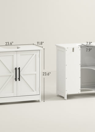 Farmhouse Pedestal Sink Storage Cabinet, Bathroom Sink Cabinet with 2 Barn Doors and Adjustable Shelf, White