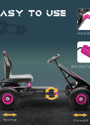 Ergonomic Pedal Go Kart Kids Ride-on Toy with Tough, Wear-Resistant Tread for Boys & Girls, Ages 5-12, Pink