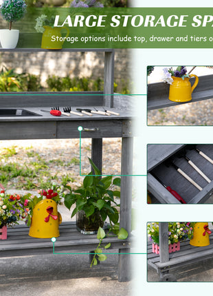 36'' Wooden Potting Bench Work Table with 2 Removable Wheels, Sink, Drawer & Large Storage Spaces, Gray