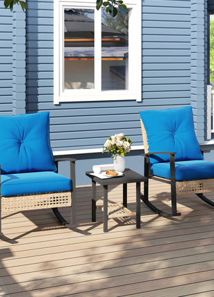 3 Pieces Bistro Set, Patio Wicker Furniture Set with Button Tufted Cushions, Rattan Rocking Chairs, Coffee Table, Blue