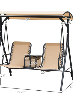 2 Person Porch Swing with Canopy, Storage Table, Cup Holder, Beige
